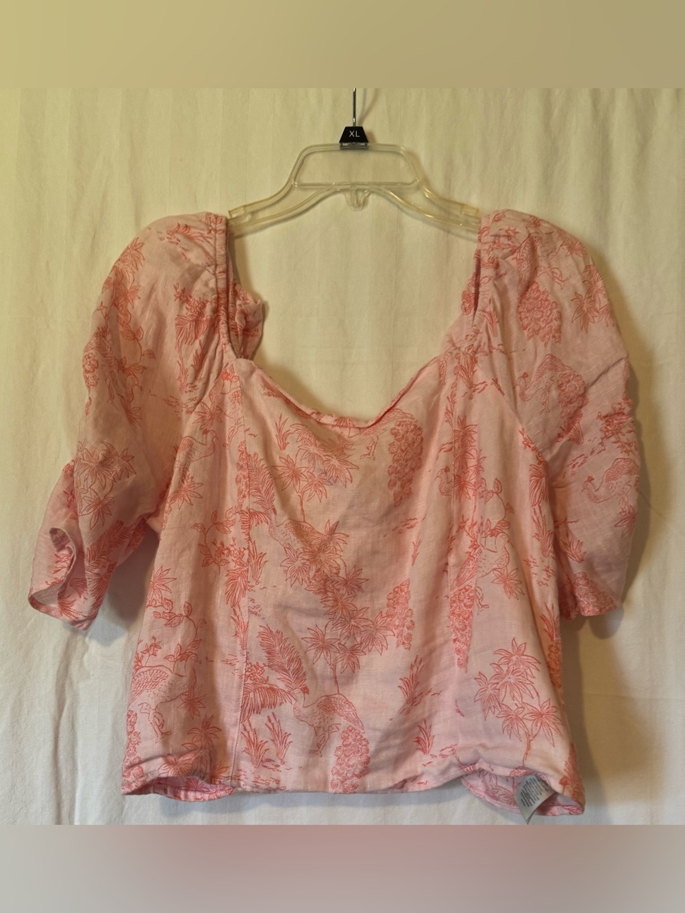 Cynthia Crowley 100% Linen Pink Printed Puff‑Sleeve Blouse – Women’s XL